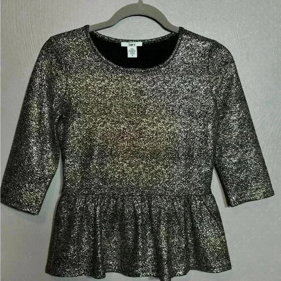 Bar III Women's Peplum Shirt Top Gold Black 3/4 Length Sleeve Flare Waist Size S - Picture 1 of 4